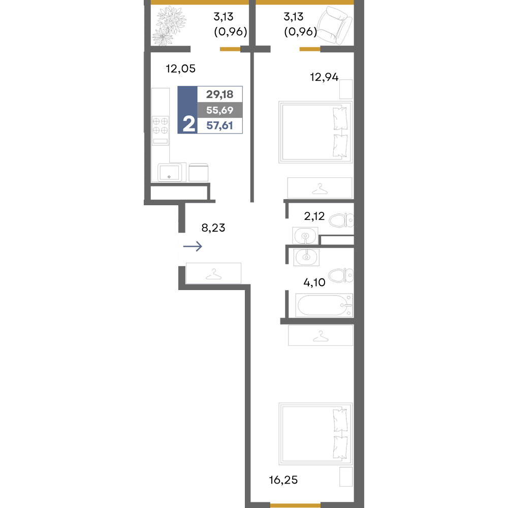 2-к, 57.61 м² · Прогресс