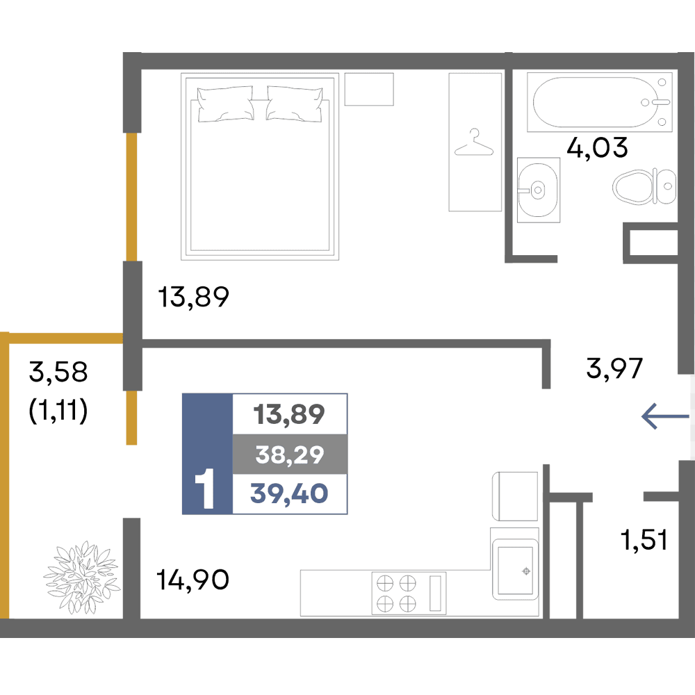 1-к, 39.4 м² · Прогресс