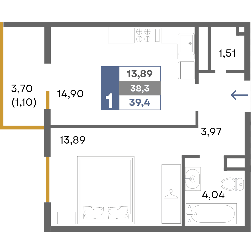 1-к, 39.4 м² · Прогресс