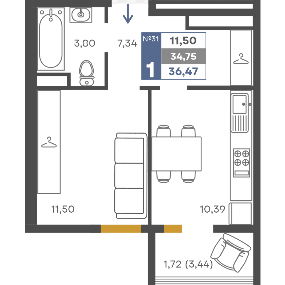 1-к, 34.75 м² · Сфера
