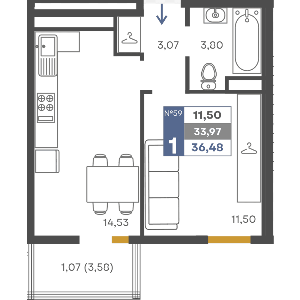 1-к, 33.97 м² · Сфера