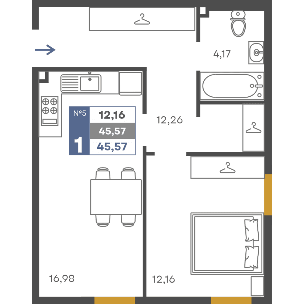 1-к, 45.57 м² · Сфера