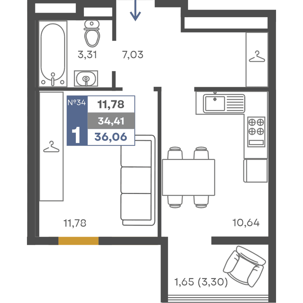 1-к, 34.41 м² · Сфера
