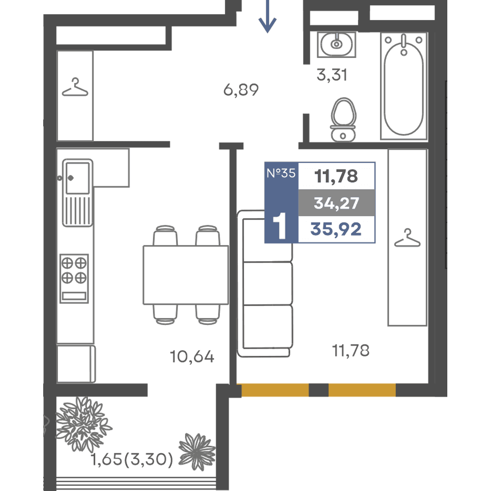 1-к, 34.27 м² · Сфера