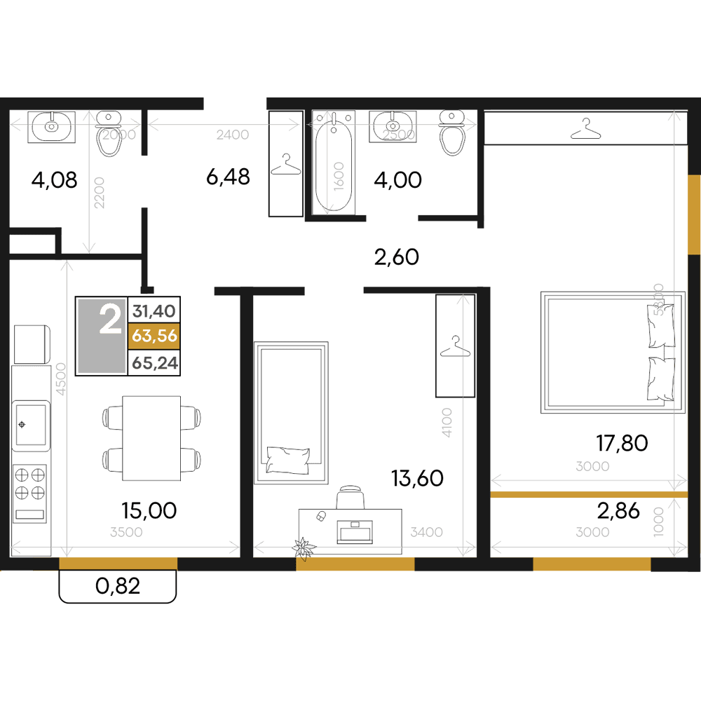 2-к, 65.24 м² · Алькор