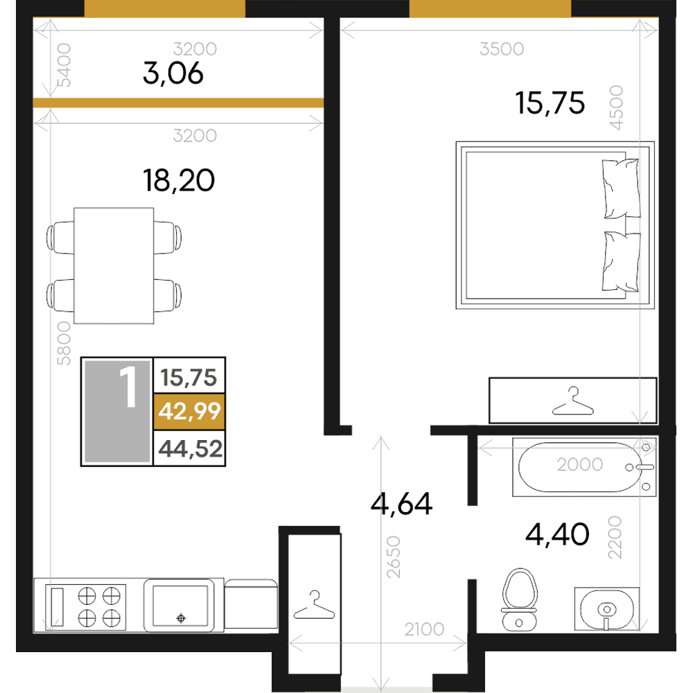1-к, 44.52 м² · Алькор
