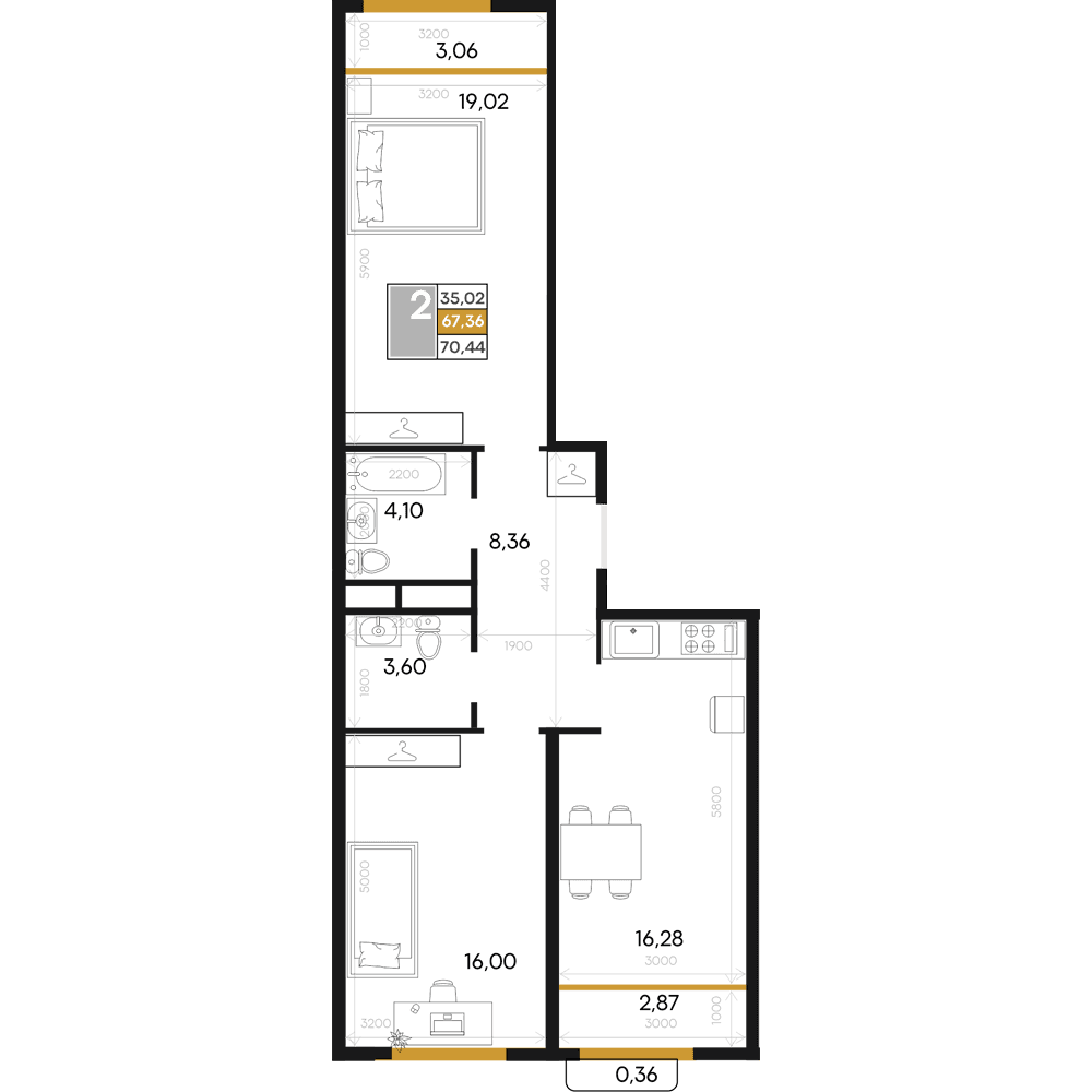 2-к, 70.44 м² · Алькор