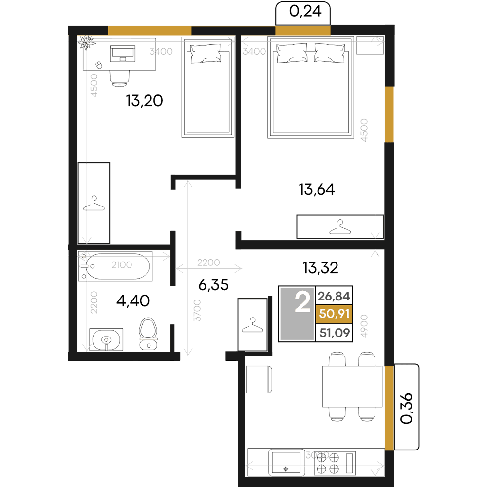 2-к, 51.09 м² · Алькор