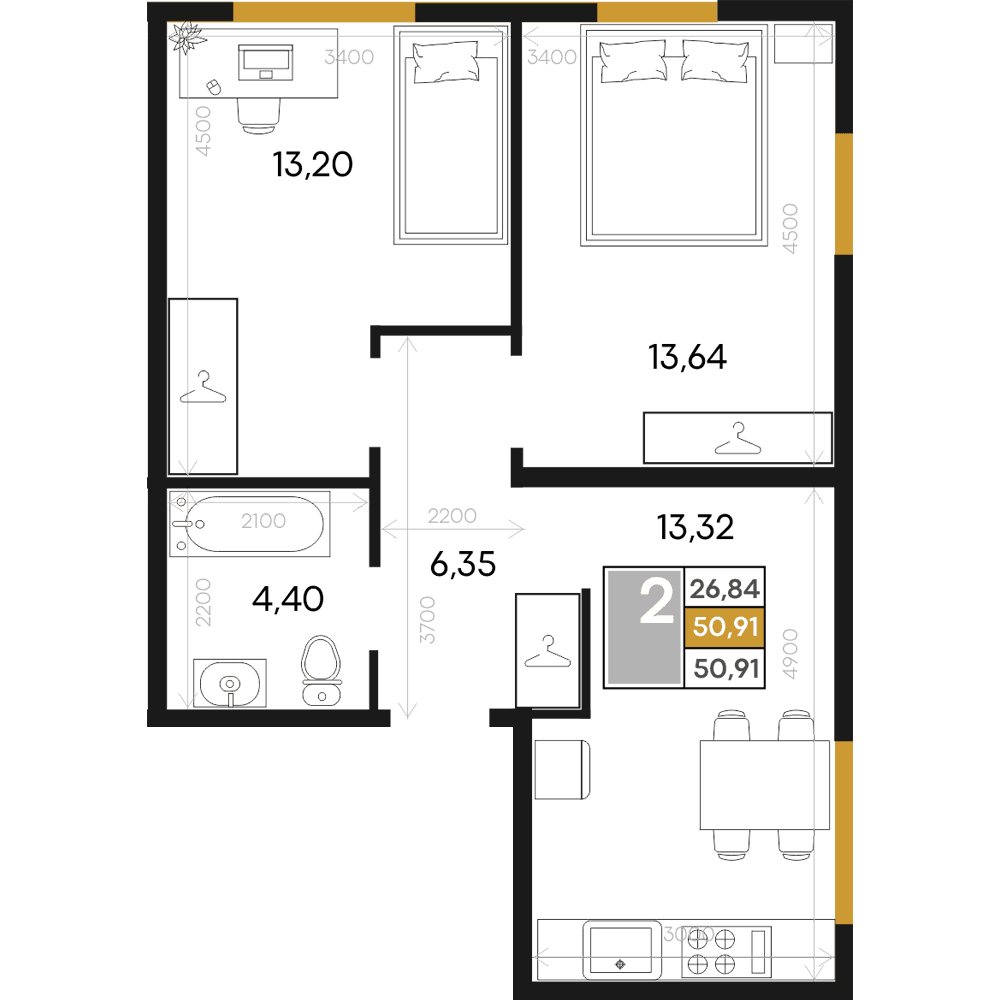 2-к, 50.91 м² · Алькор