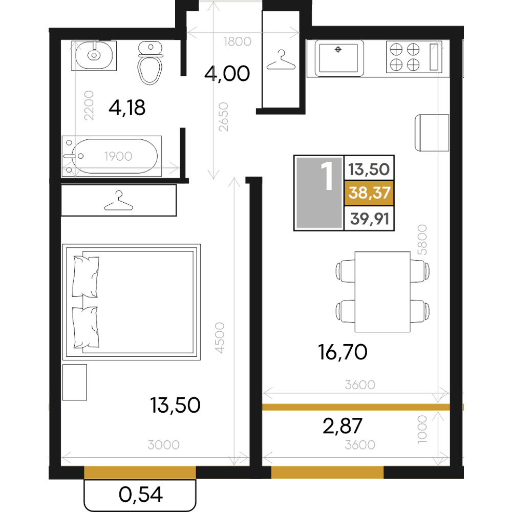 1-к, 39.91 м² · Алькор