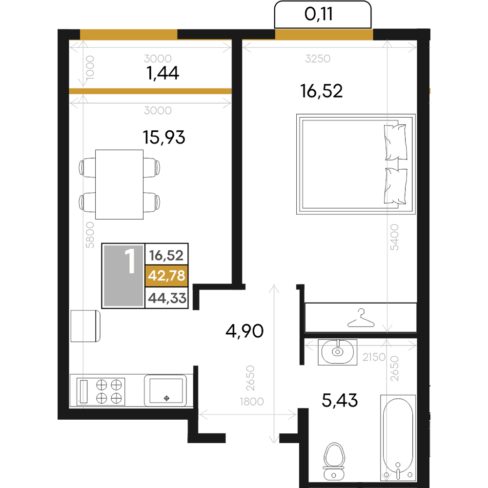 1-к, 44.33 м² · Алькор