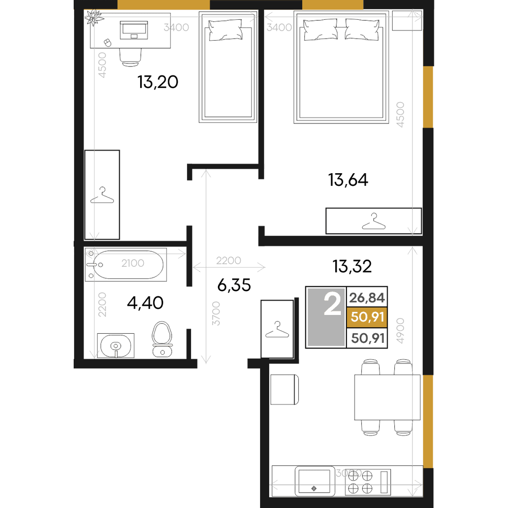 2-к, 50.91 м² · Алькор