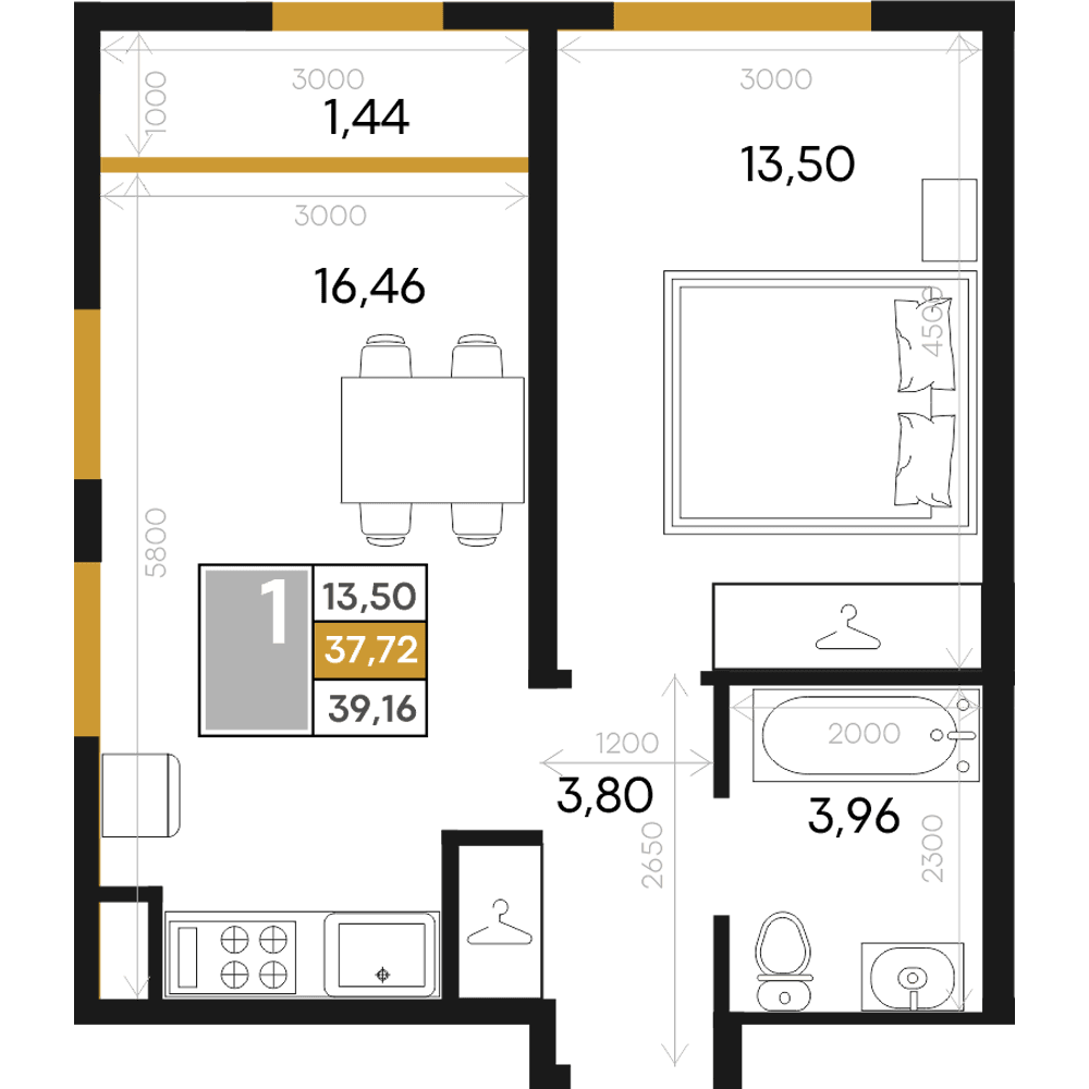 1-к, 39.16 м² · Алькор