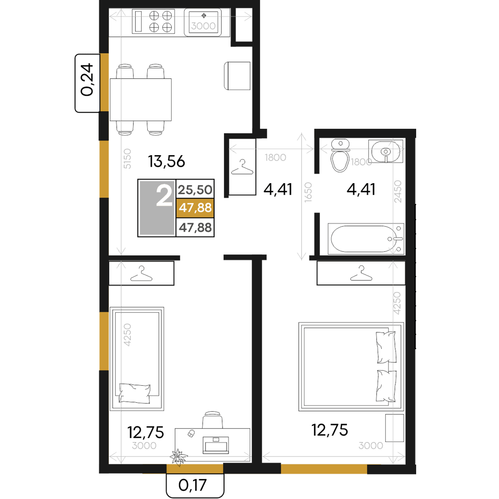 2-к, 47.88 м² · Алькор