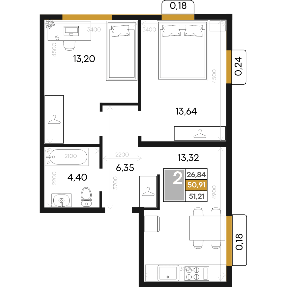 2-к, 51.21 м² · Алькор