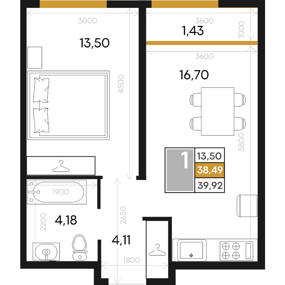 1-к, 39.92 м² · Алькор