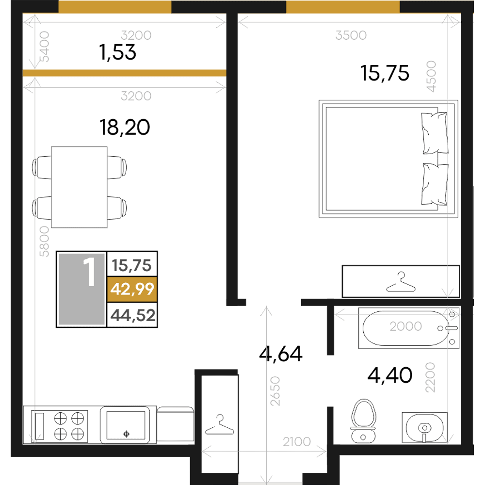 1-к, 44.52 м² · Алькор