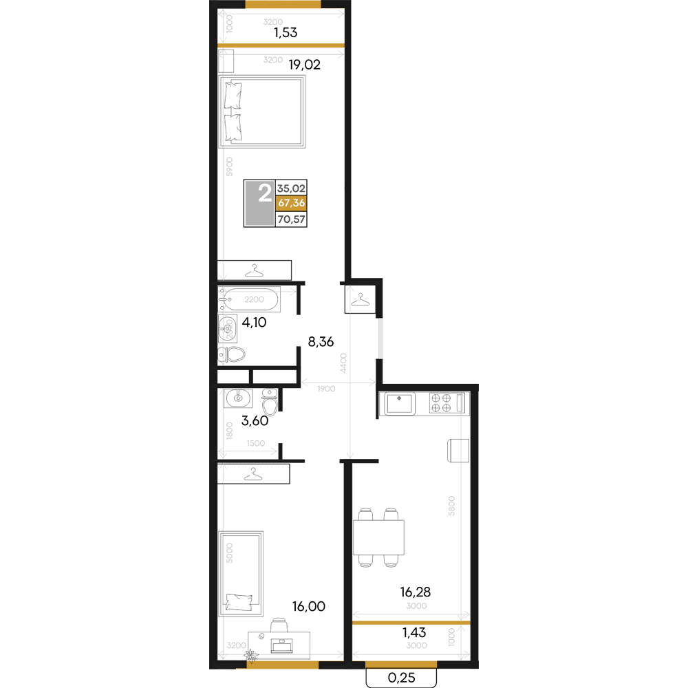2-к, 70.57 м² · Алькор