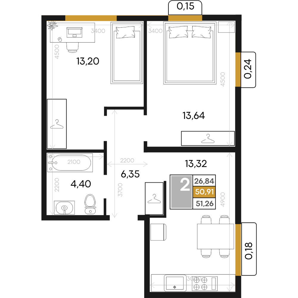 2-к, 51.26 м² · Алькор