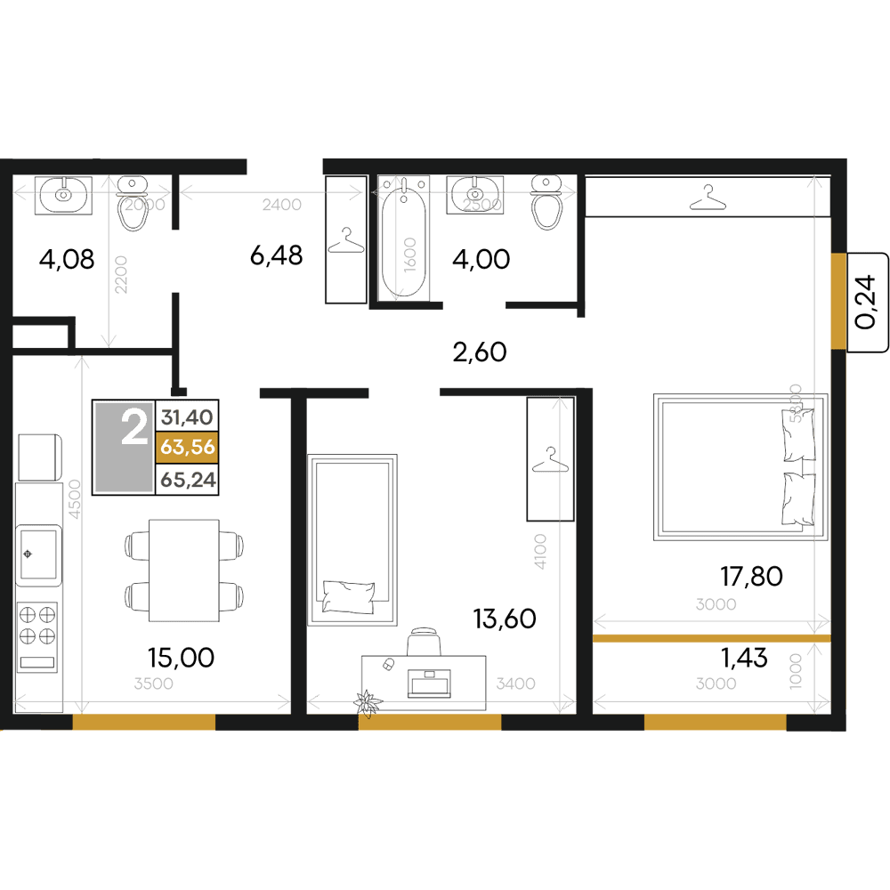 2-к, 65.24 м² · Алькор