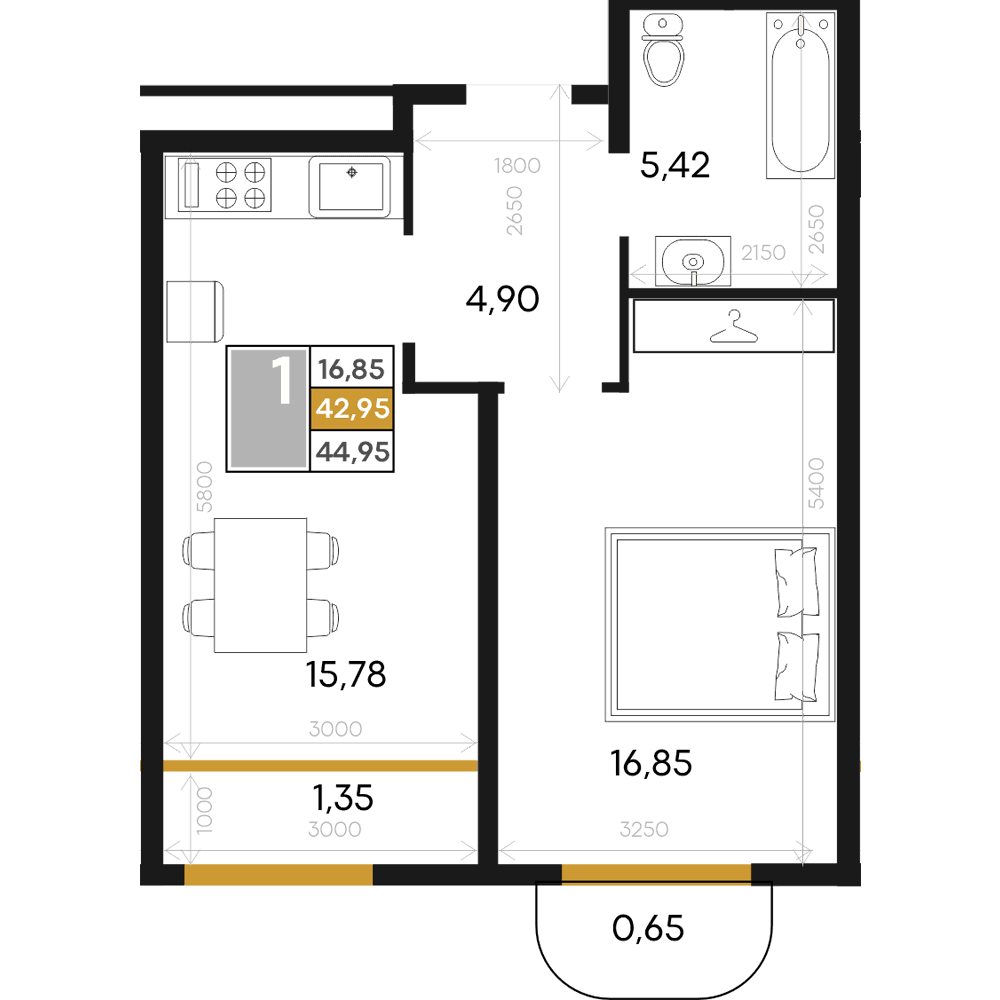 1-к, 44.95 м² · Алькор