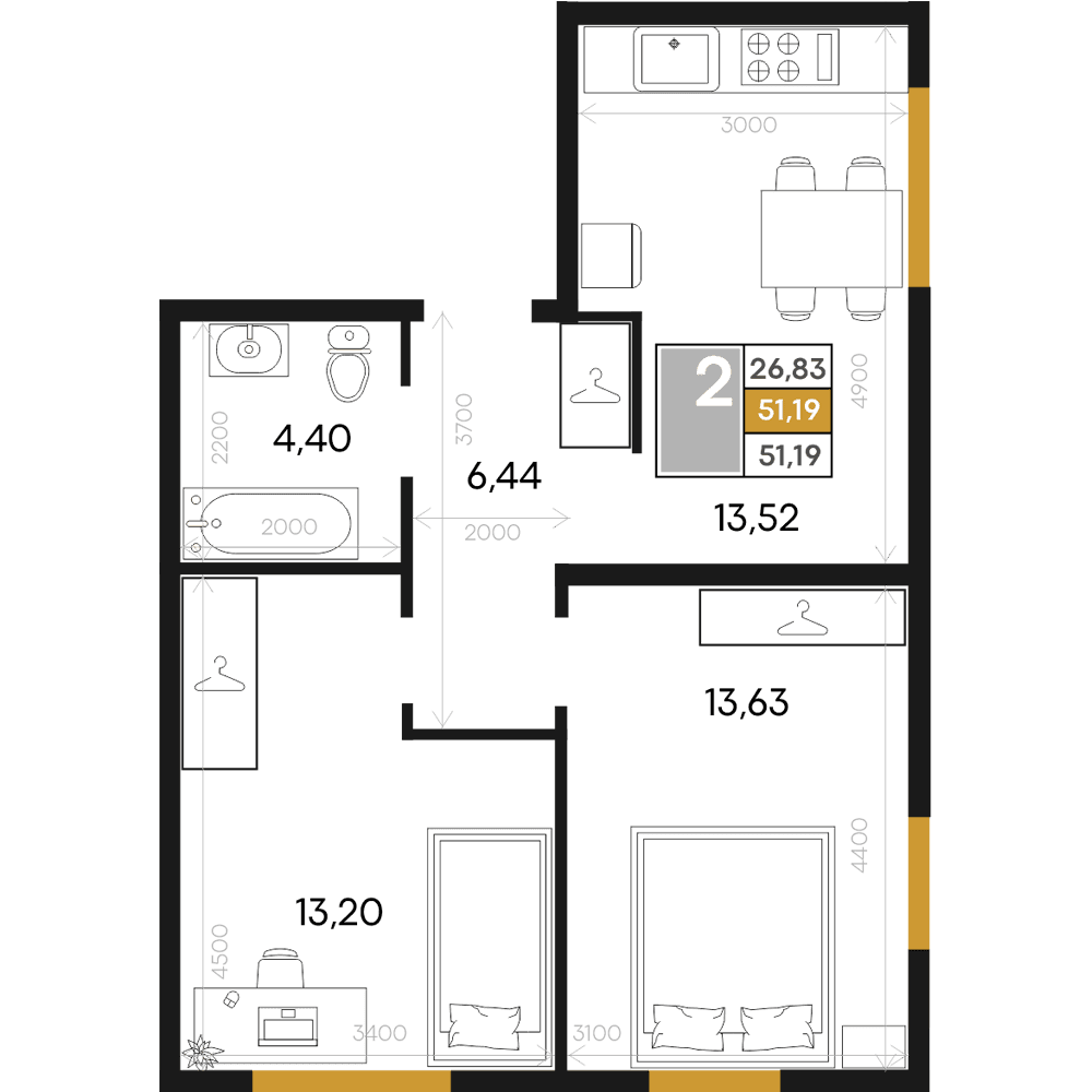 2-к, 51.19 м² · Алькор