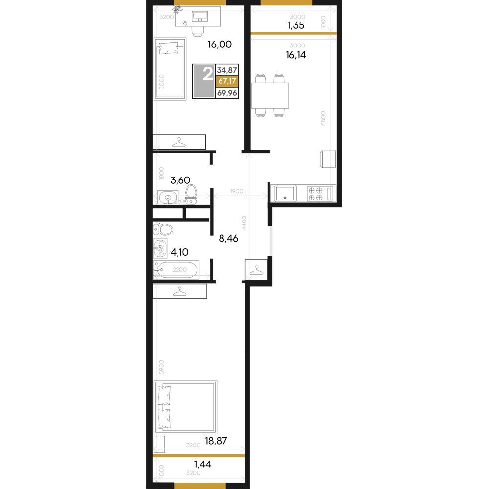 2-к, 69.96 м² · Алькор