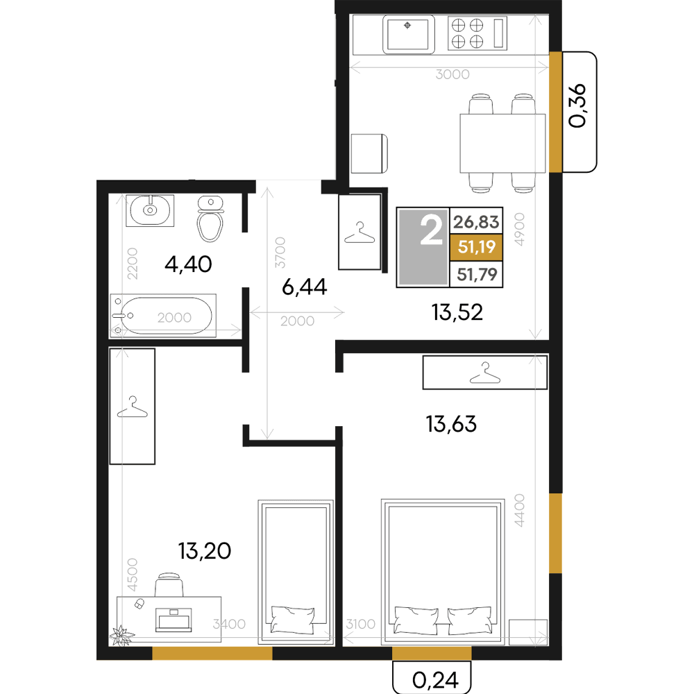 2-к, 51.79 м² · Алькор