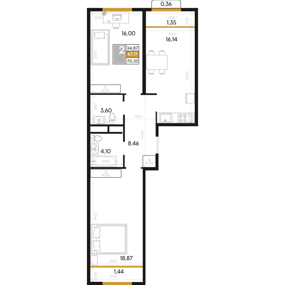 2-к, 70.32 м² · Алькор