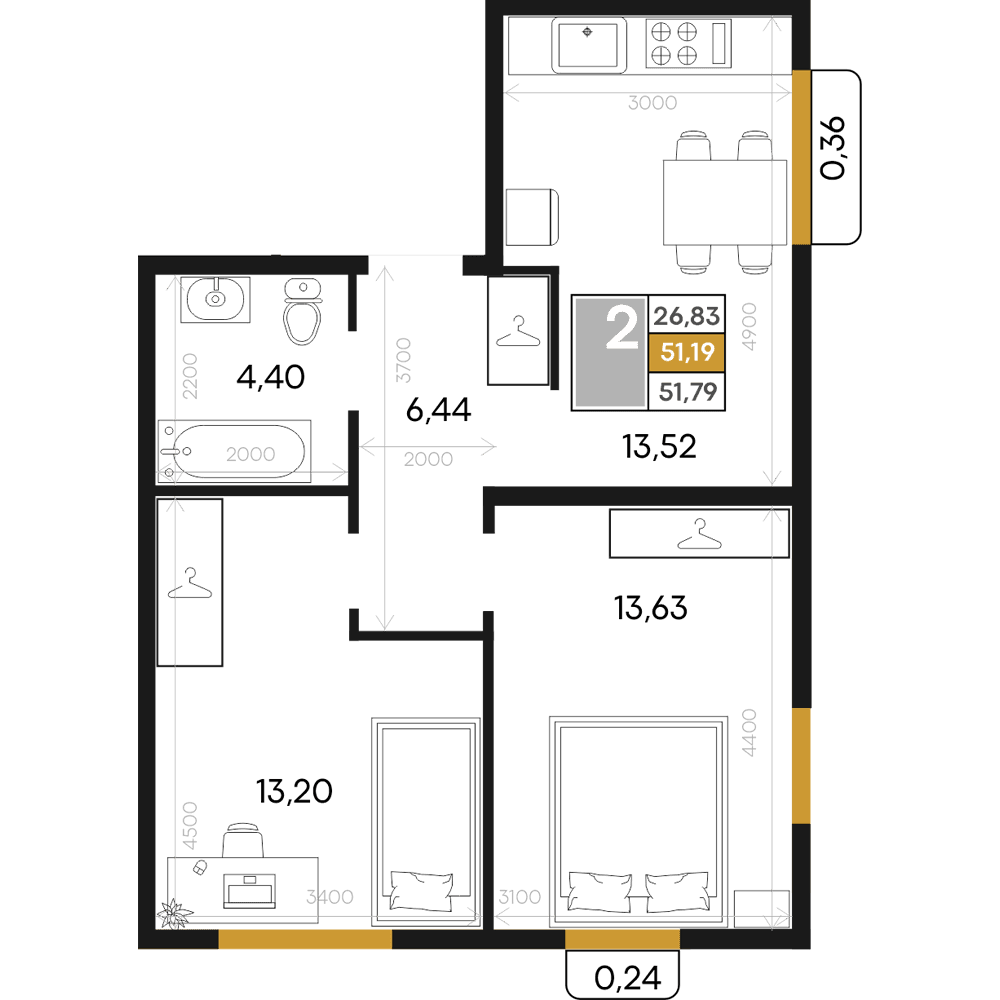2-к, 51.79 м² · Алькор