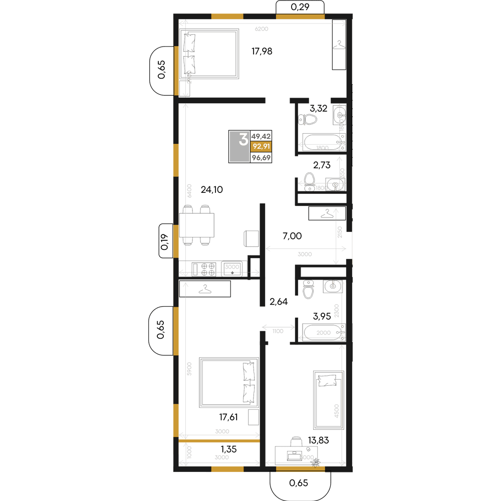 3-к, 96.69 м² · Алькор