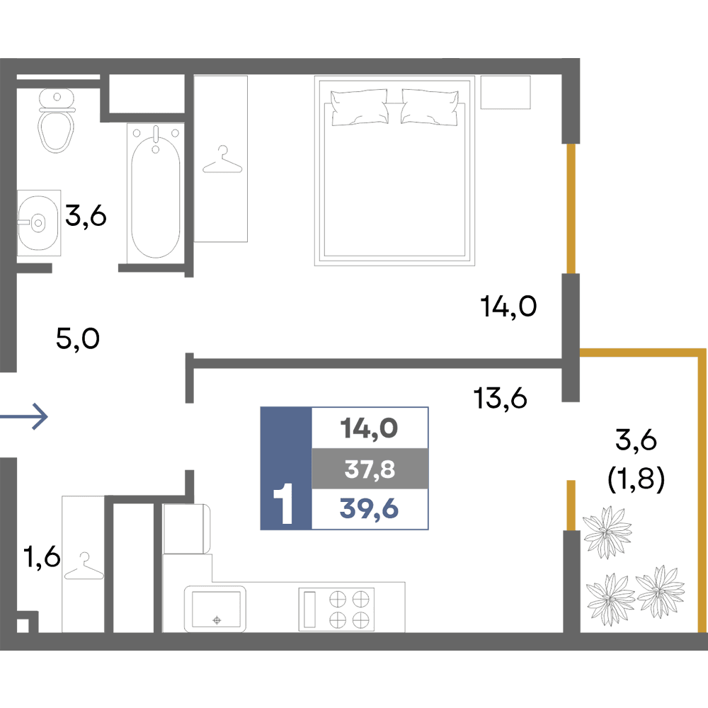 1-к, 39.6 м² · Прогресс