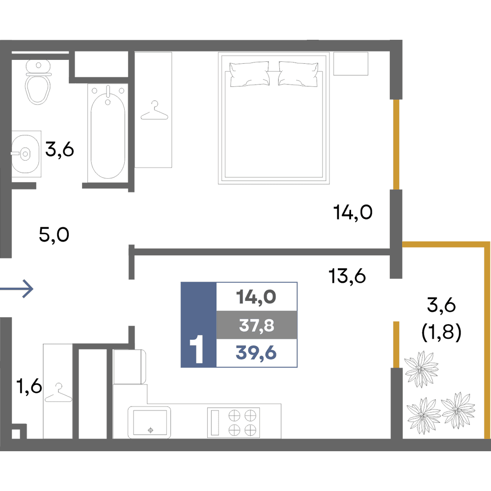 1-к, 39.6 м² · Прогресс