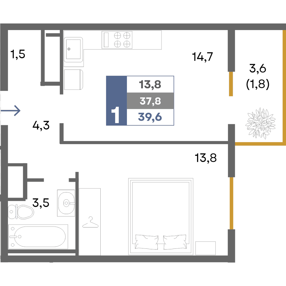1-к, 39.6 м² · Прогресс