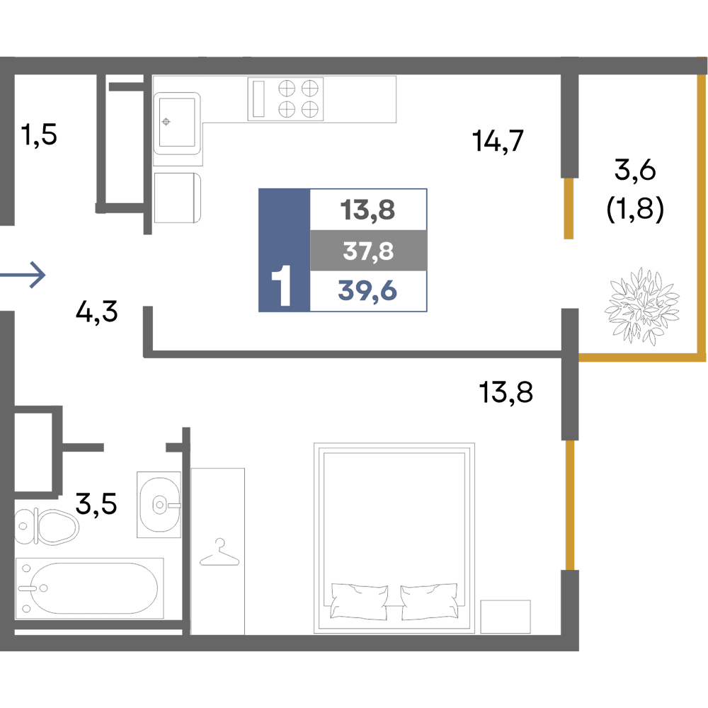1-к, 39.6 м² · Прогресс