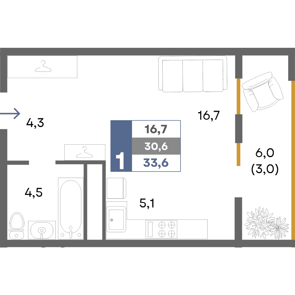 Студия, 33.6 м² · Прогресс