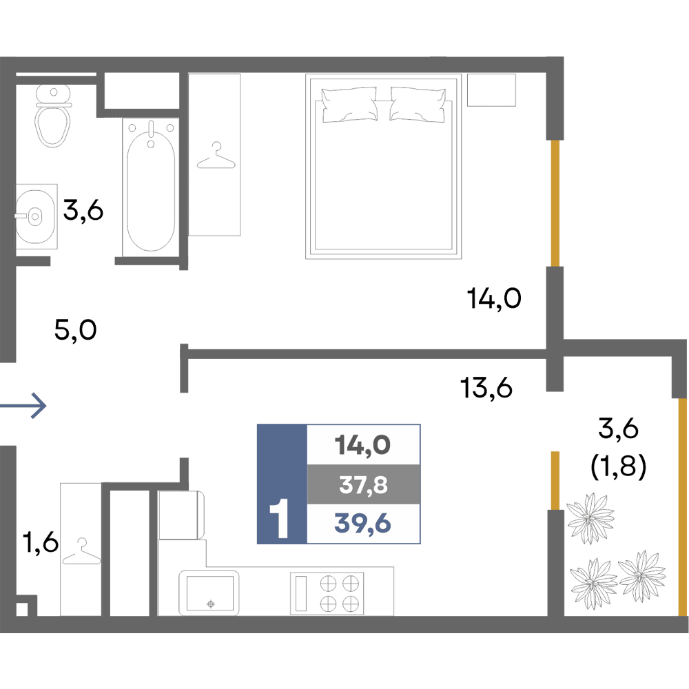 1-к, 39.6 м² · Прогресс