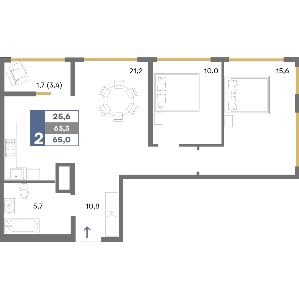 2-к, 65 м² · Прогресс