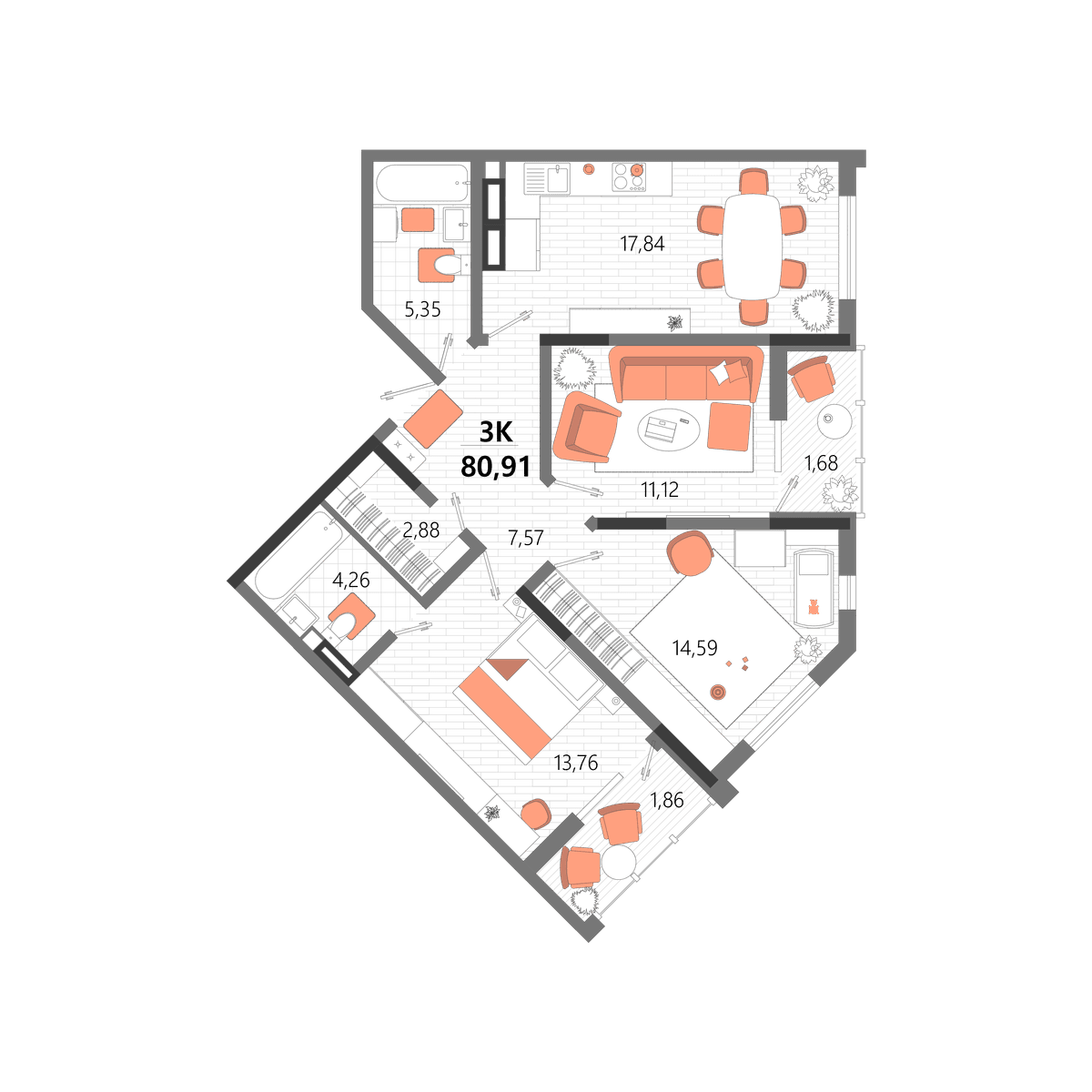 3-к, 80.91 м² · Мойнако Ривьера