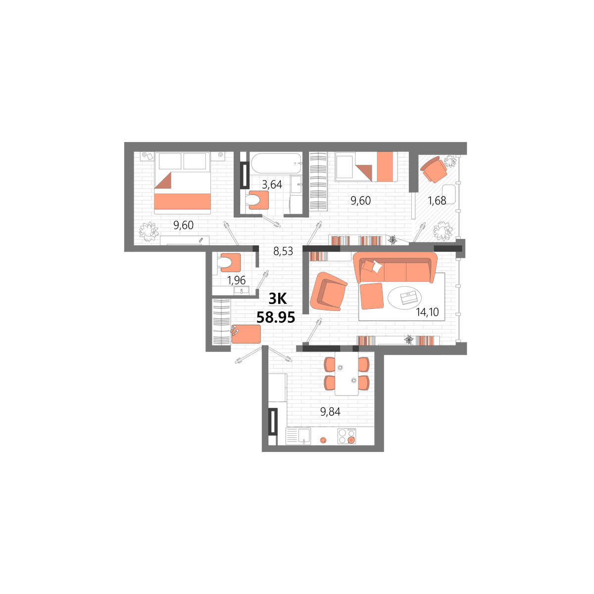 3-к, 58.95 м² · Мойнако Ривьера