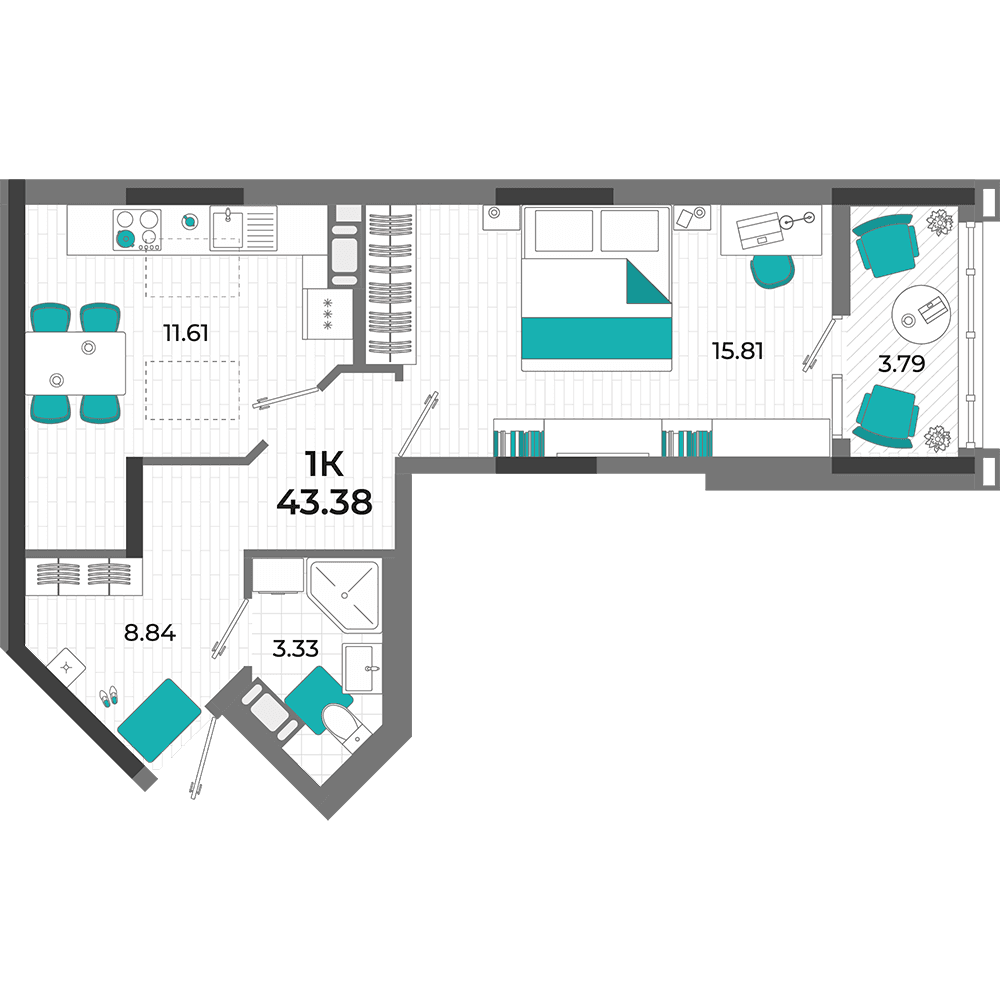 1-к, 43.38 м² · Мойнако Ривьера