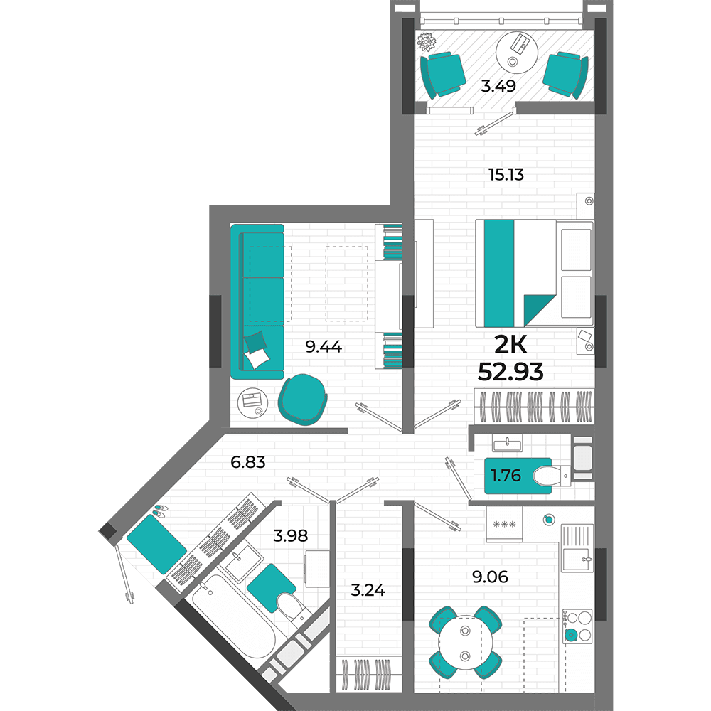 2-к, 52.93 м² · Мойнако Ривьера