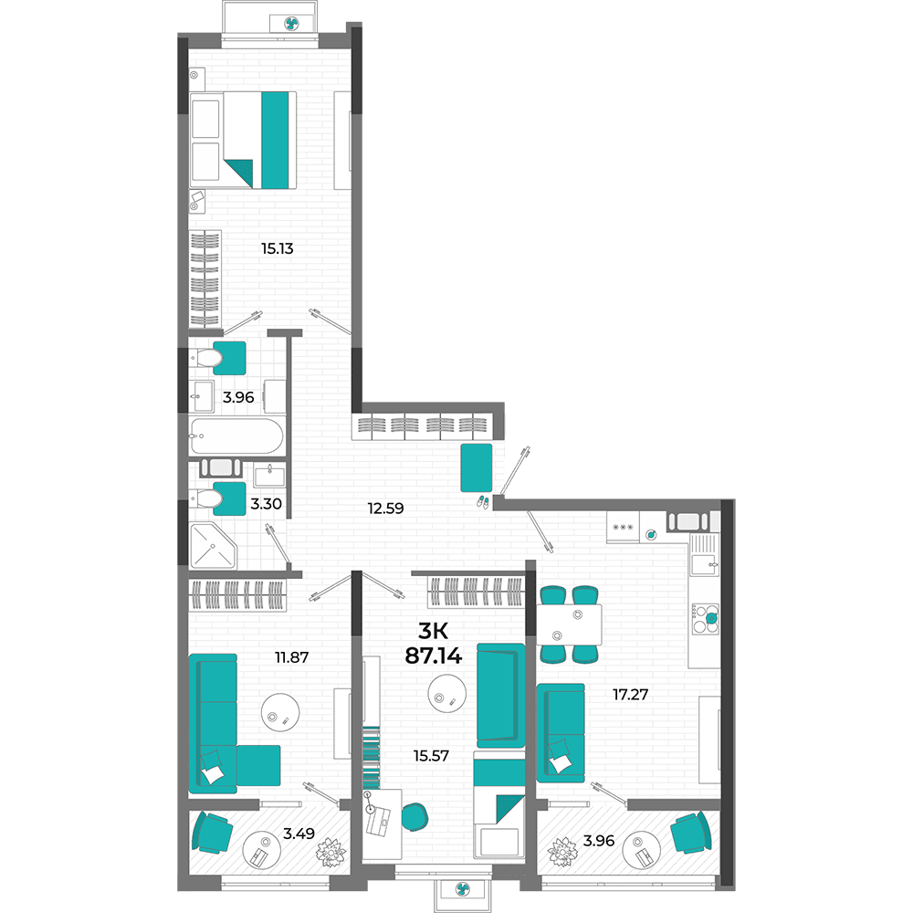 3-к, 87.14 м² · Мойнако Ривьера