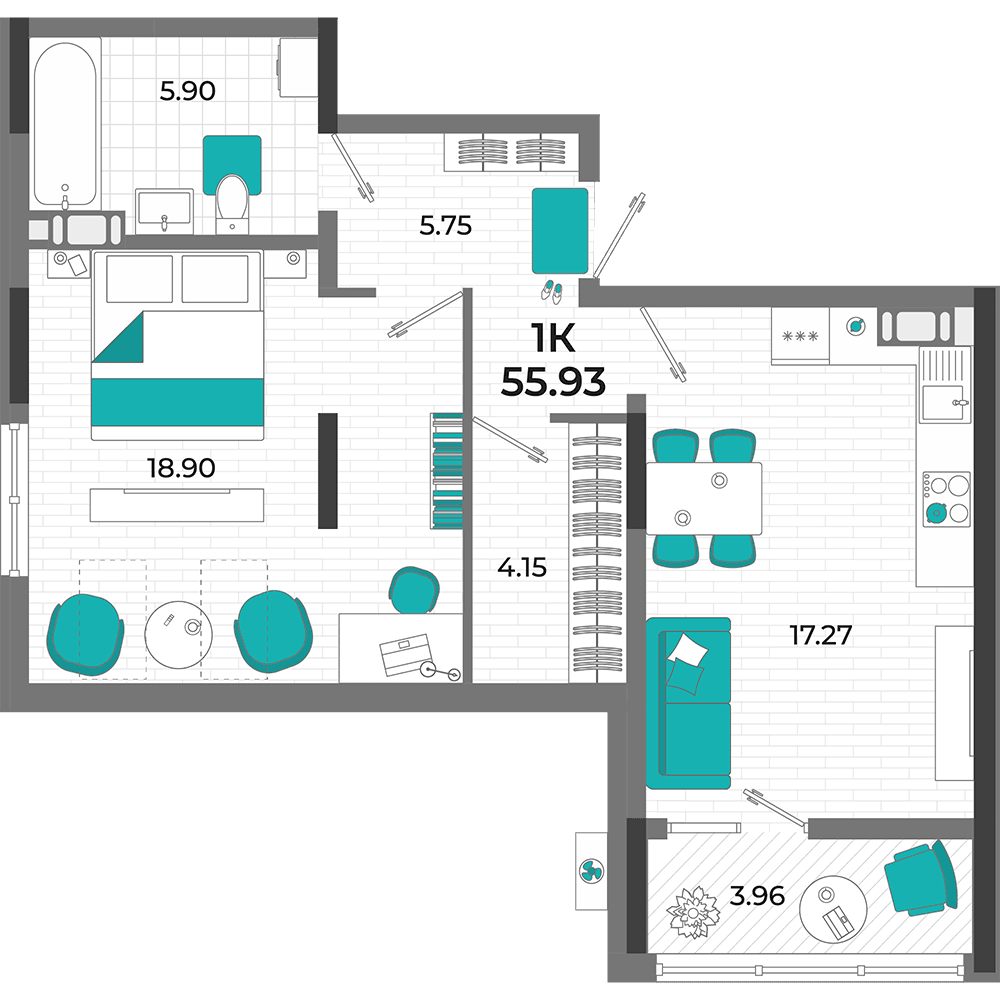 1-к, 55.93 м² · Мойнако Ривьера