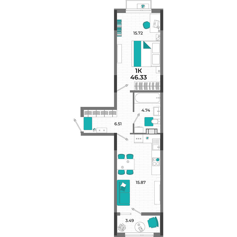1-к, 46.33 м² · Мойнако Ривьера