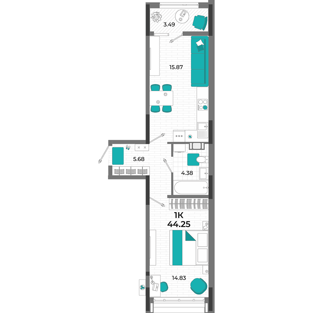 1-к, 44.25 м² · Мойнако Ривьера