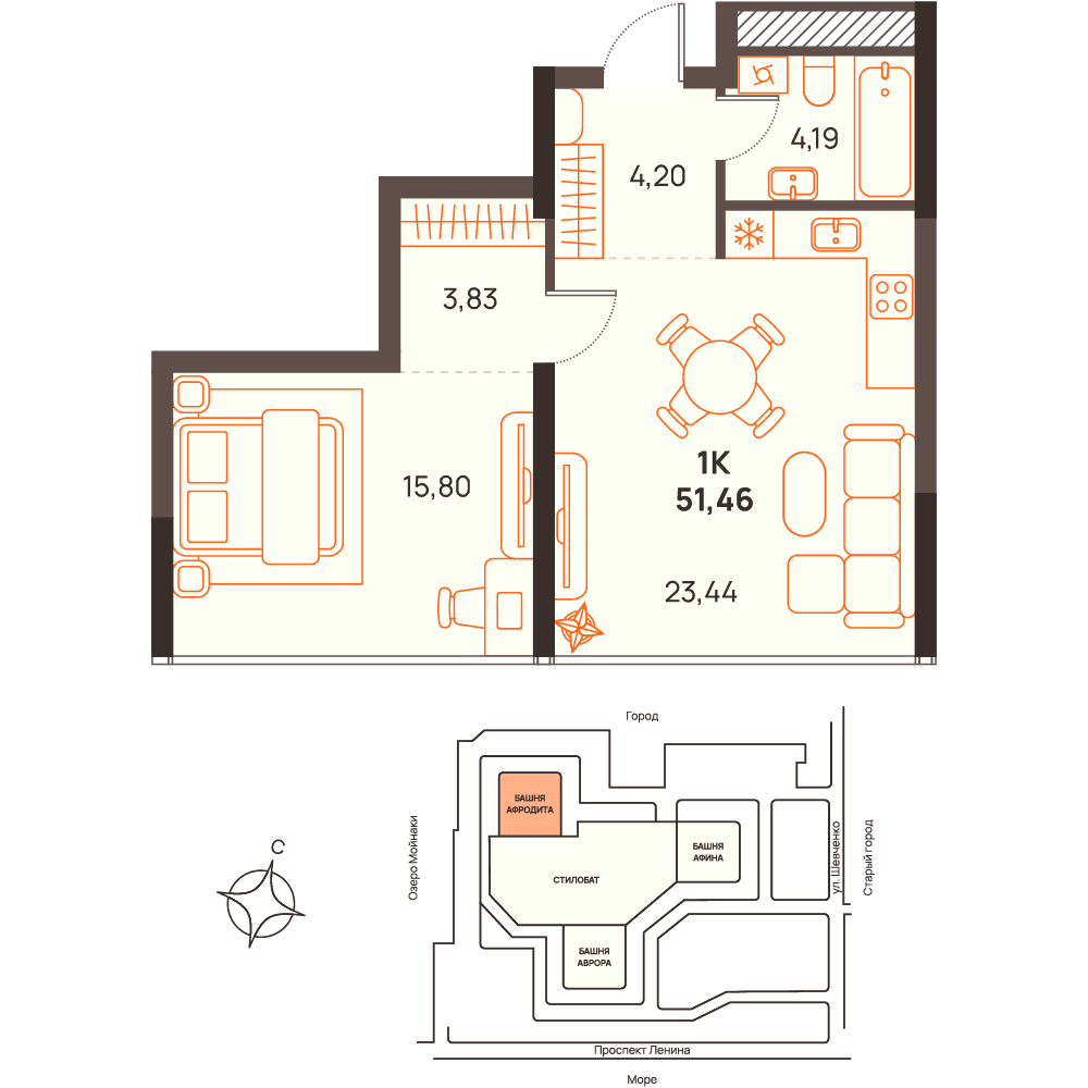 1-к, 51.46 м² · Западный Проспект 82