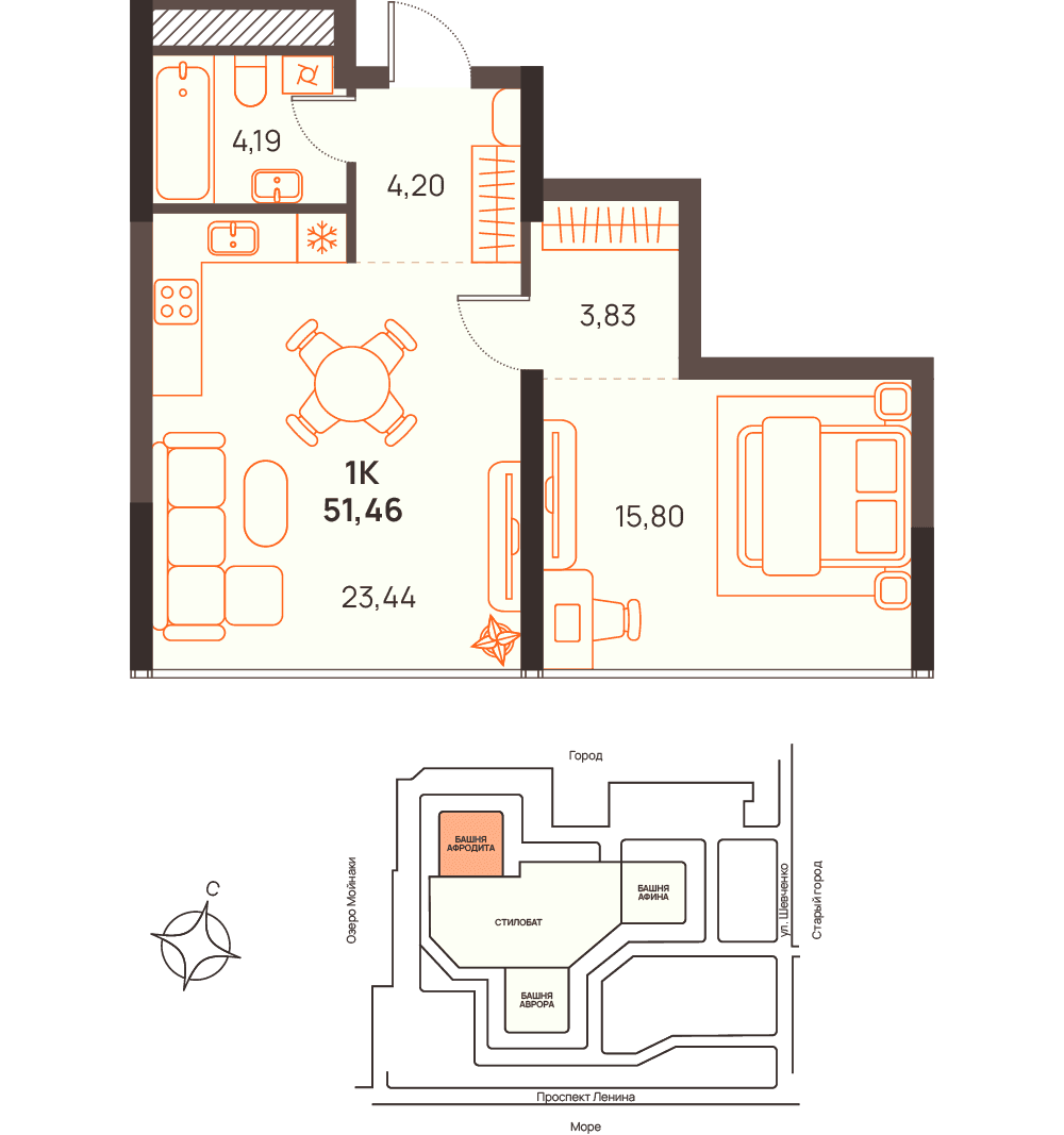 1-к, 51.46 м² · Западный Проспект 82