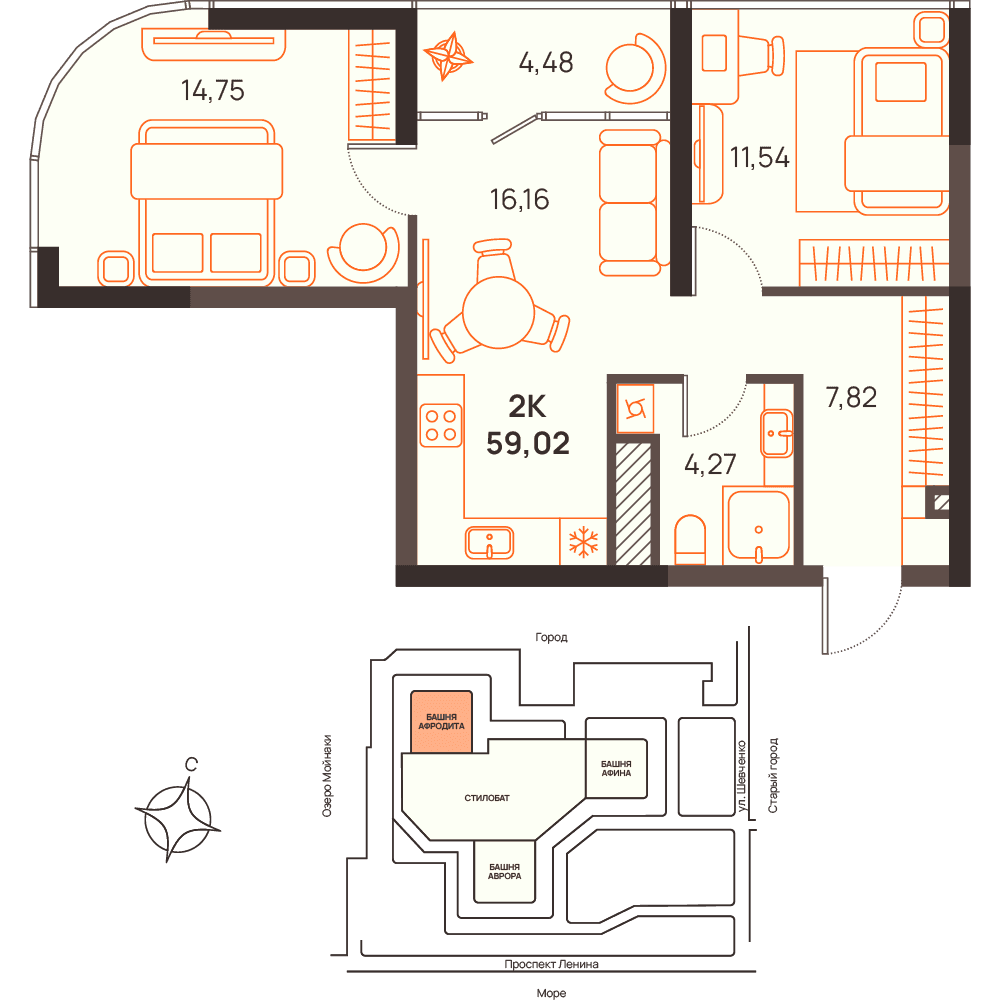 2-к, 59.02 м² · Западный Проспект 82