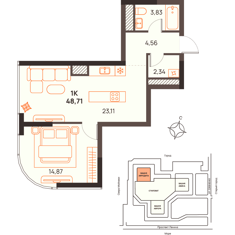 1-к, 48.71 м² · Западный Проспект 82